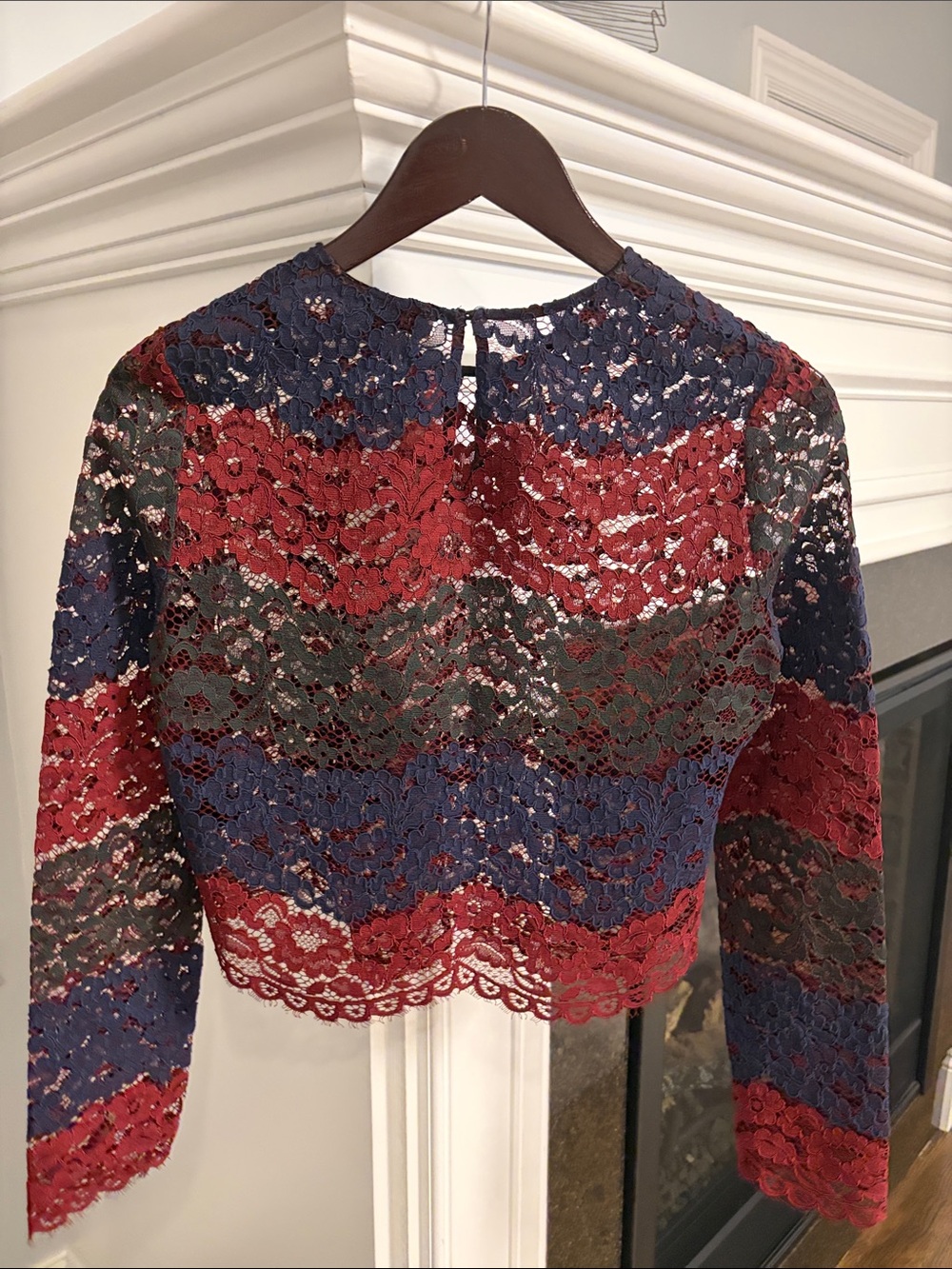 Sandro Red Blue Green Floral Lace Long-Sleeve Crop Top - Picture 2 of 6